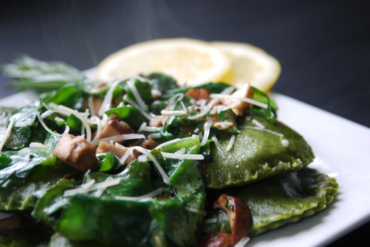 Matcha Mushroom Tarragon Ravioli on a plate