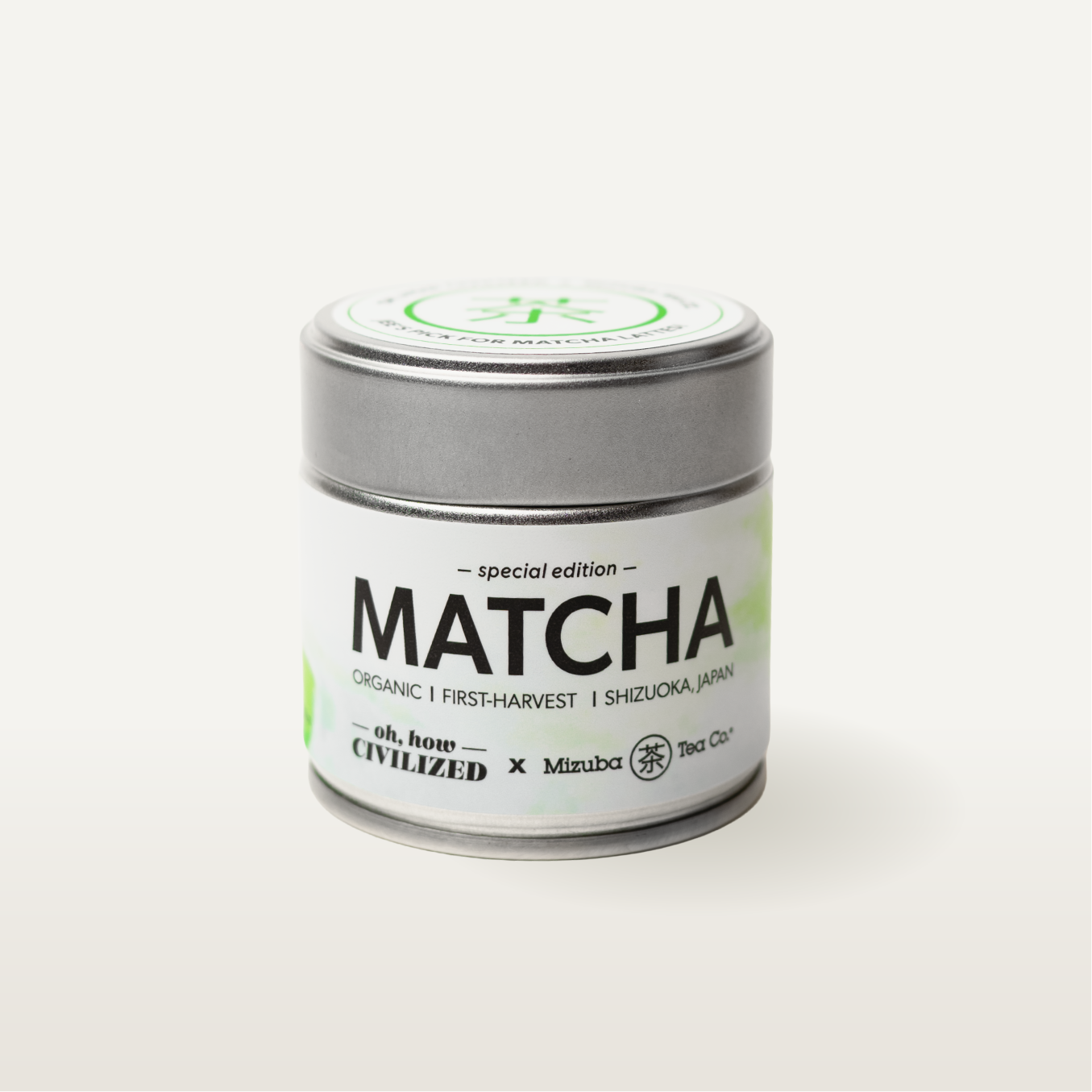 Mizuba Matcha collaboration with Oh, How Civilized tea canister on a white background. 