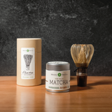 Mizuba Luxury Matcha Set includes Dark Wood Chasen and a tin of Ceremonial Shirakawa Matcha