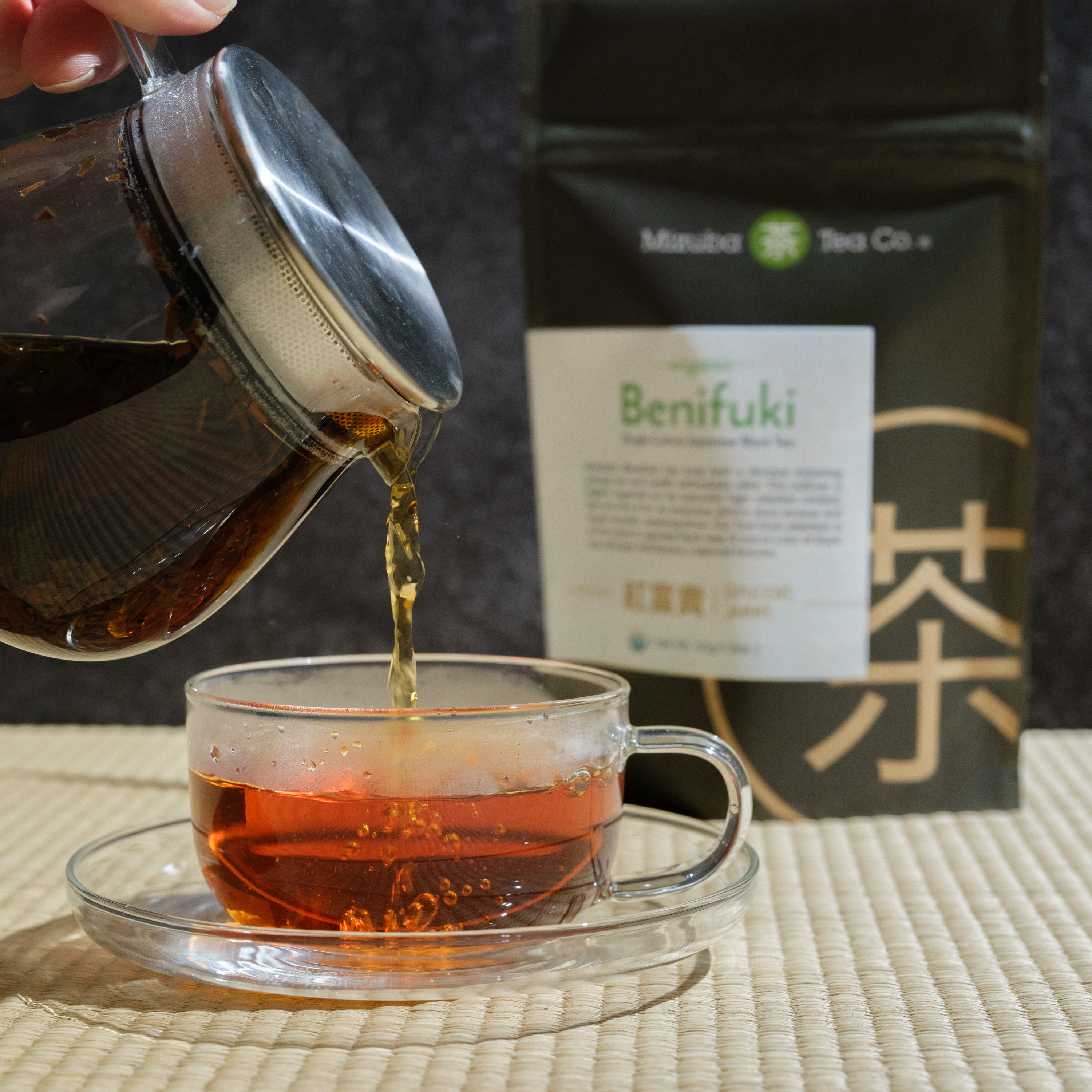 Mizuba Tea's Benifuki Tea being poured in glass cup