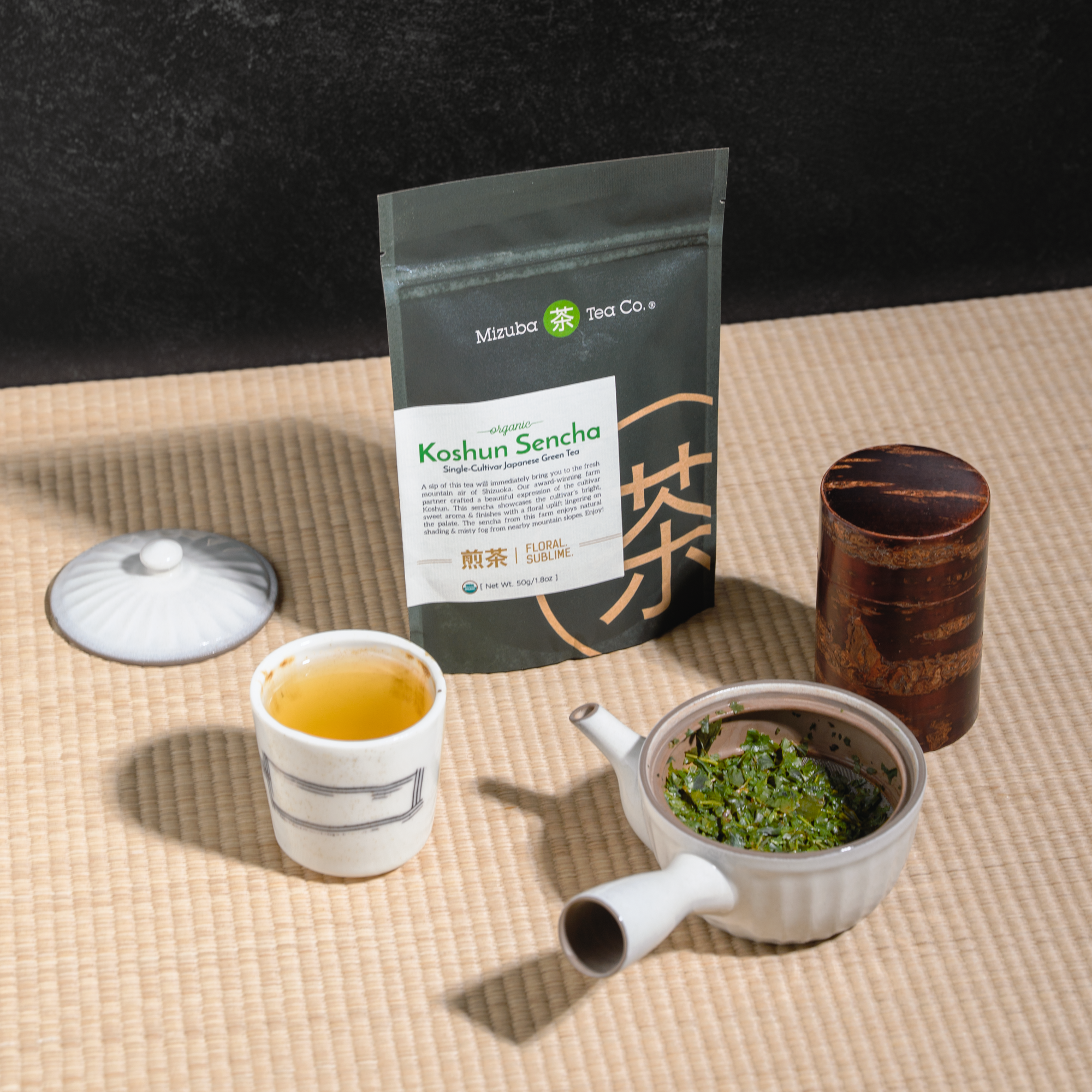 Organic Koshun Sencha with cups and teapot