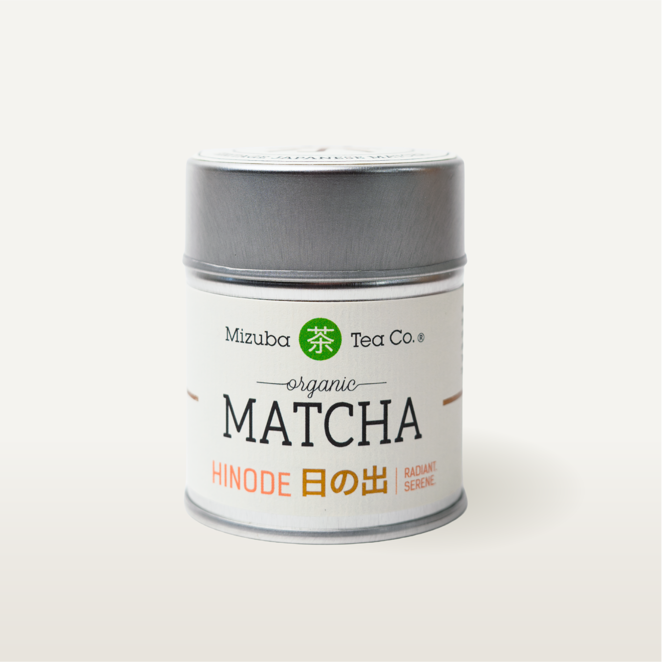 Mizuba Tea Co. organic Hinode matcha tin on a white background