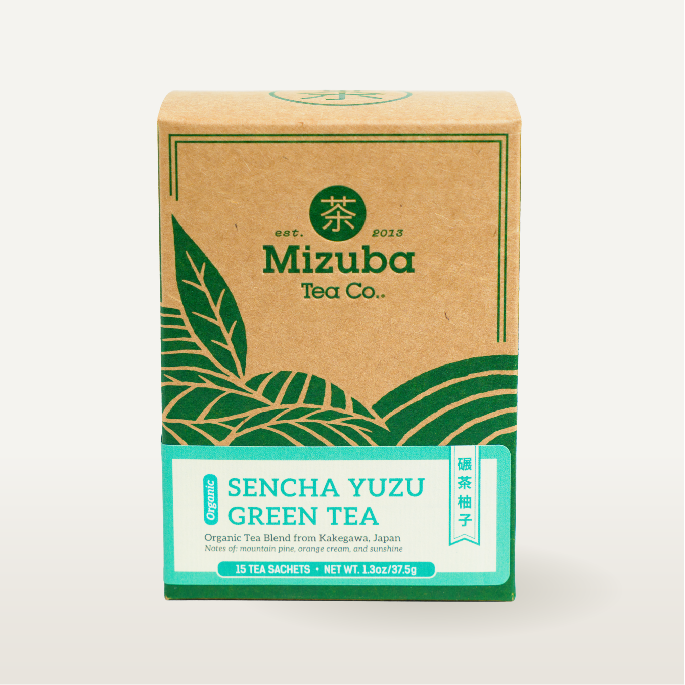 Mizuba Tea Co. Sencha Yuzu Green Tea sachet box on a white background