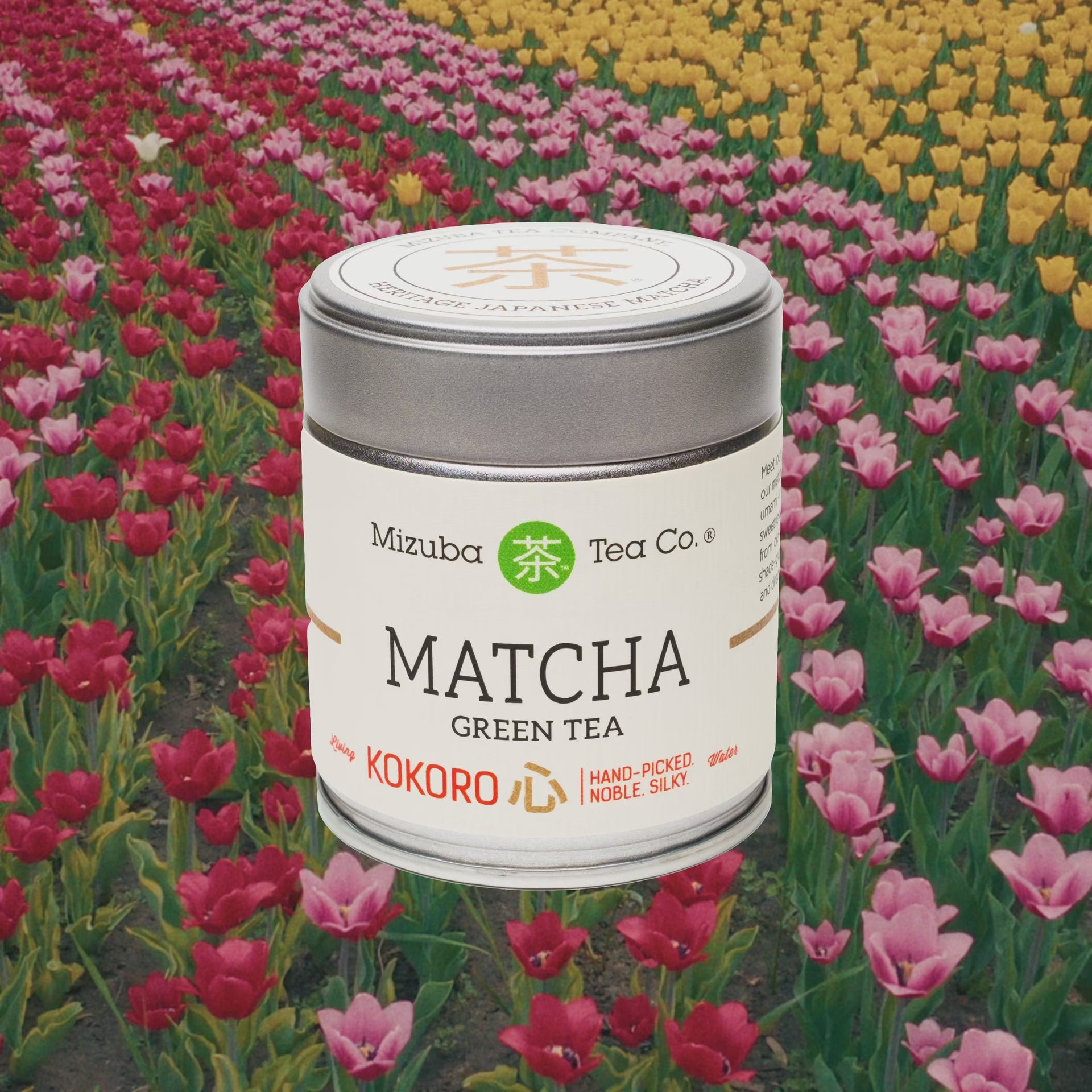 A tin of Kokoro Ceremonial Matcha Green Tea superimposed on a field of tulips - Mizuba Tea Co.